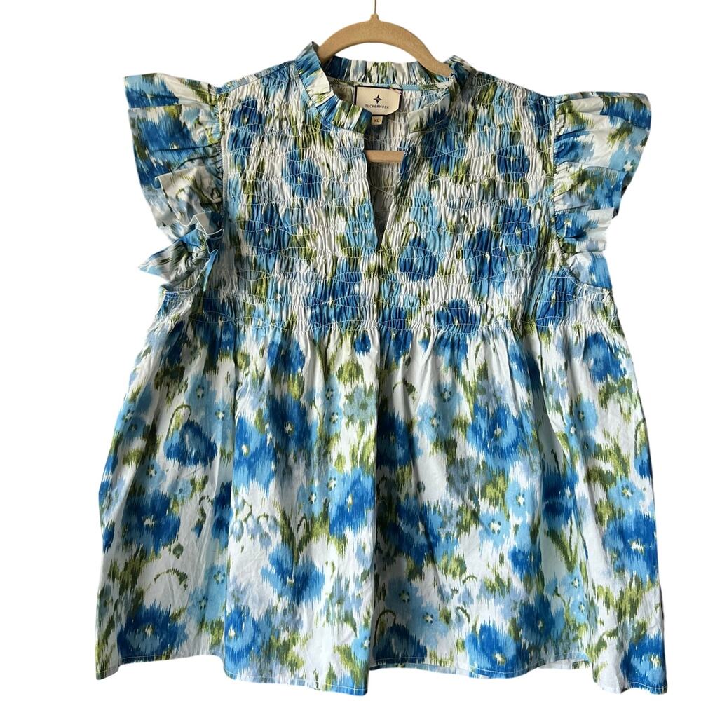 Tuckernuck Blue Green Floral Smocked Flutter Sleeve Blouse